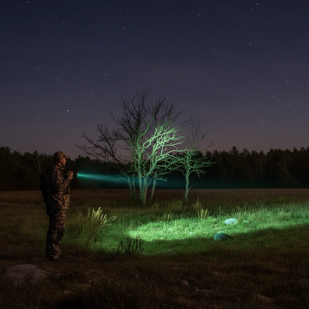 Hunter using a green LED hunting light while scanning a field at night