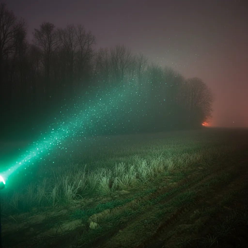 Green light beam visible in foggy nighttime field