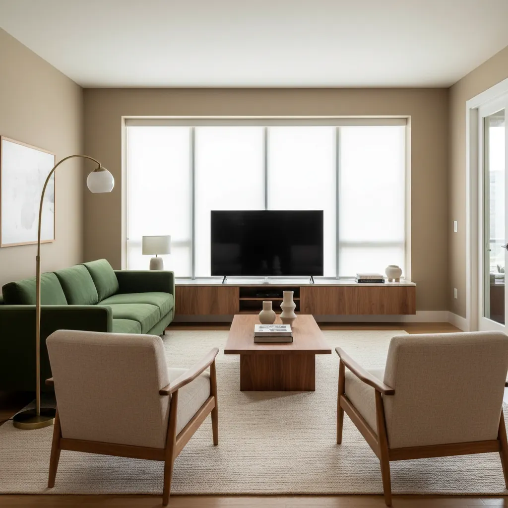 Living room with forest green sofa, beige textiles, and walnut furniture
