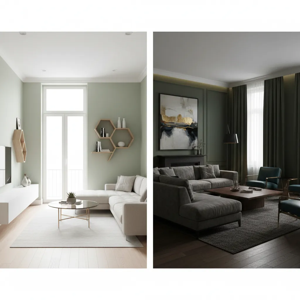 small and large living room comparison using different green wall shades