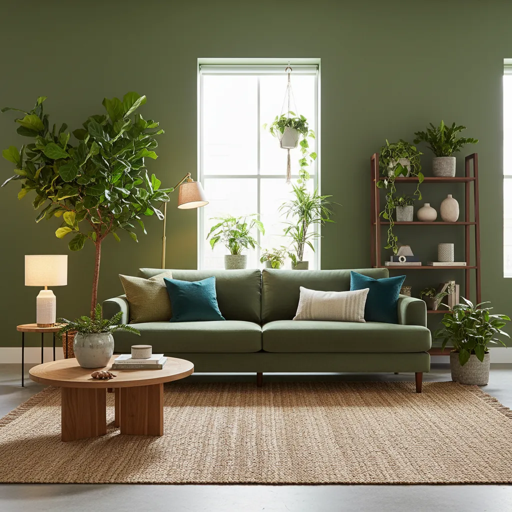 green living room showing layered textures with wood fabric and plants