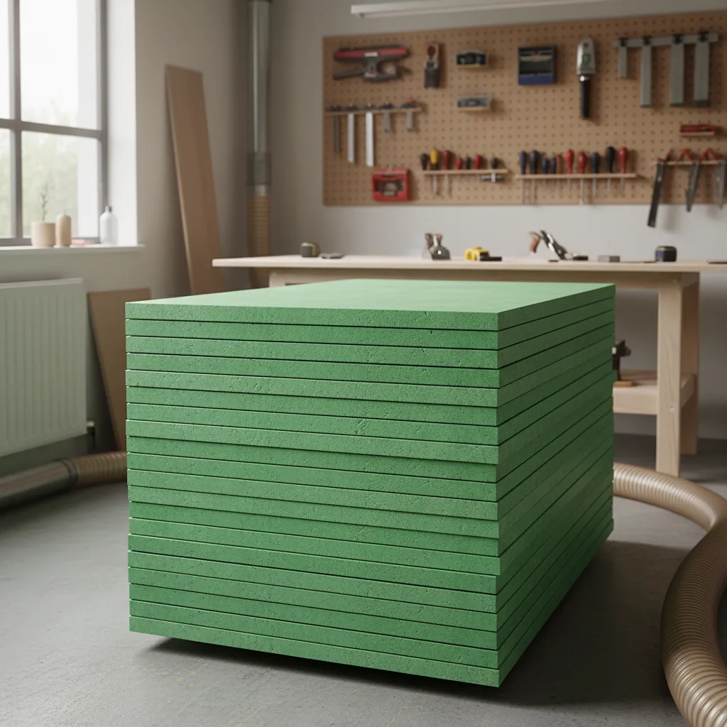 green moisture resistant MDF board panel in workshop