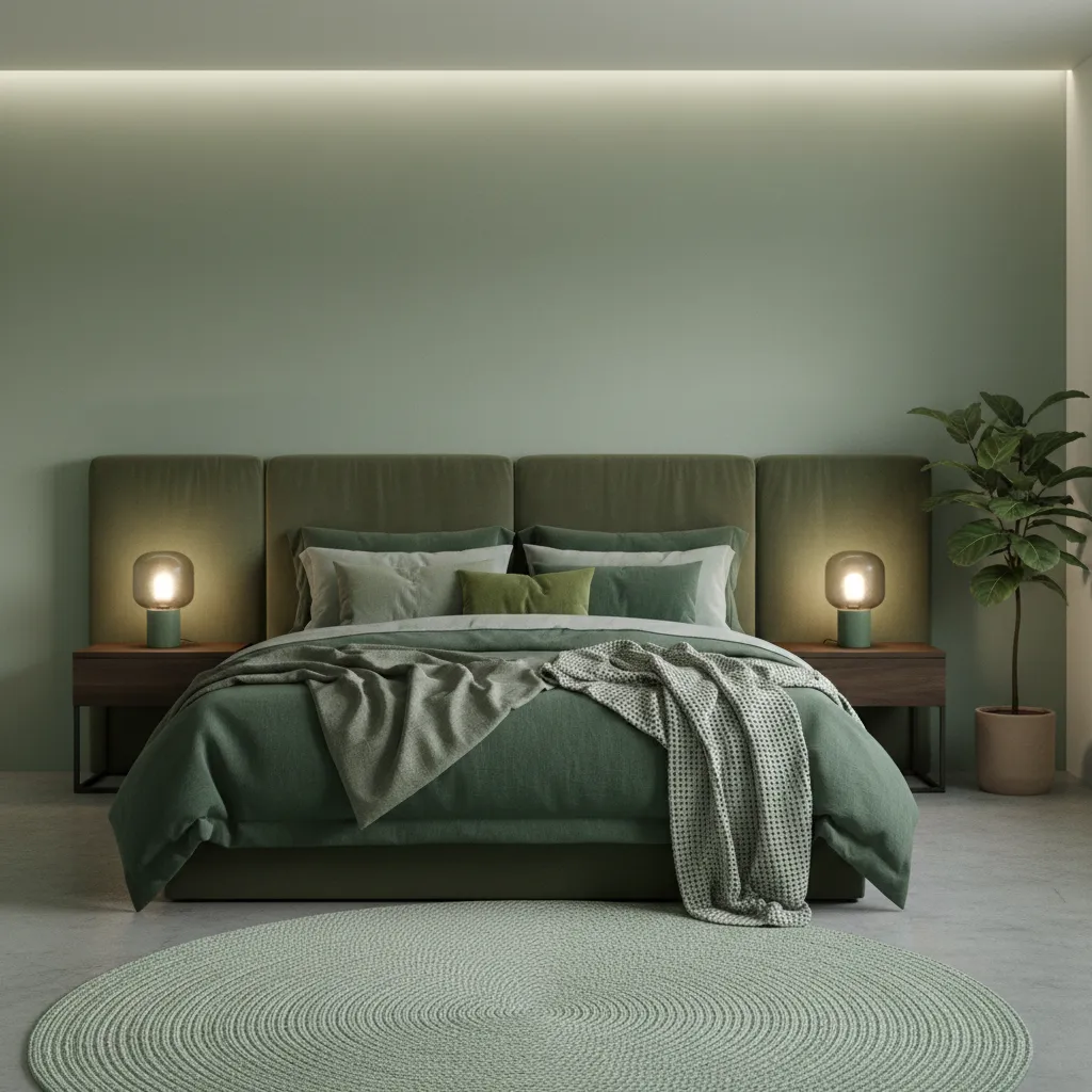 Dormitorio en diferentes tonos de verde con textiles variados