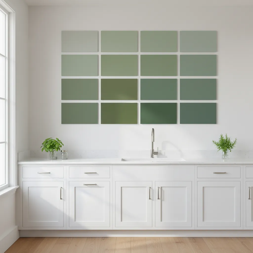 Kitchen wall paint sample boards showing different shades of green
