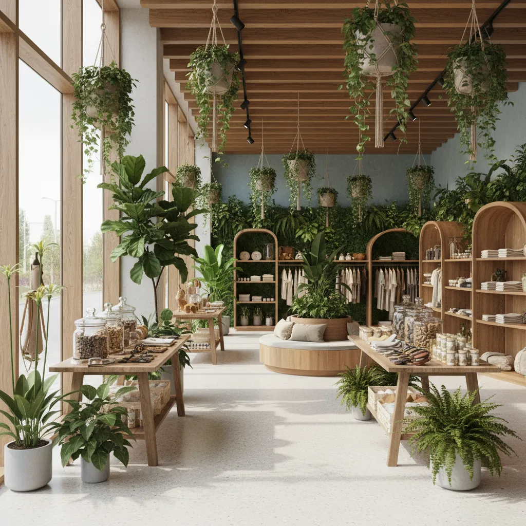 Interior design drawing showing bright retail space with wooden shelves hanging plants and large windows