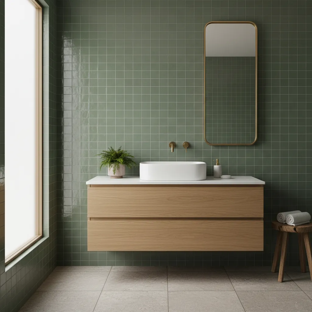 spa inspired bathroom with sage green tiles and wood vanity