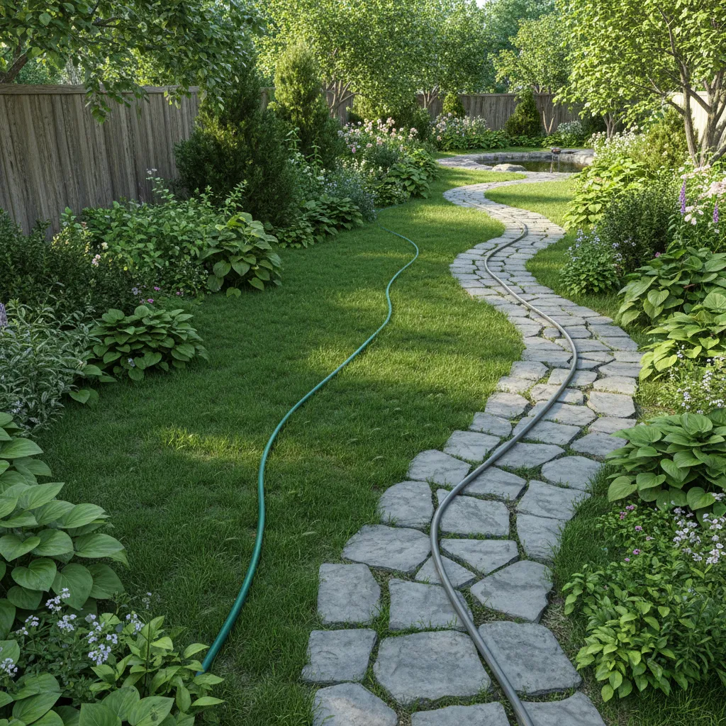 Green hose blending into grass while grey hose remains visible