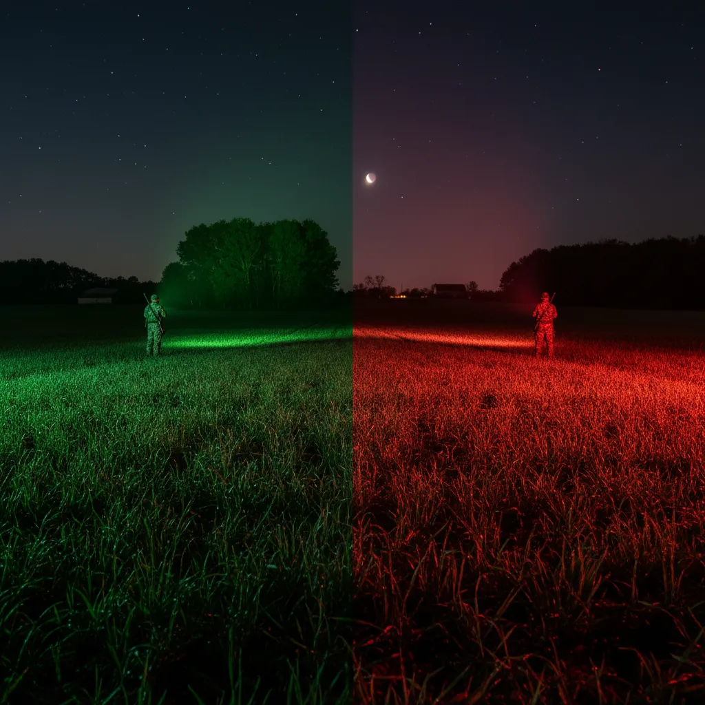 side by side comparison of green and red hunting light illumination in a field