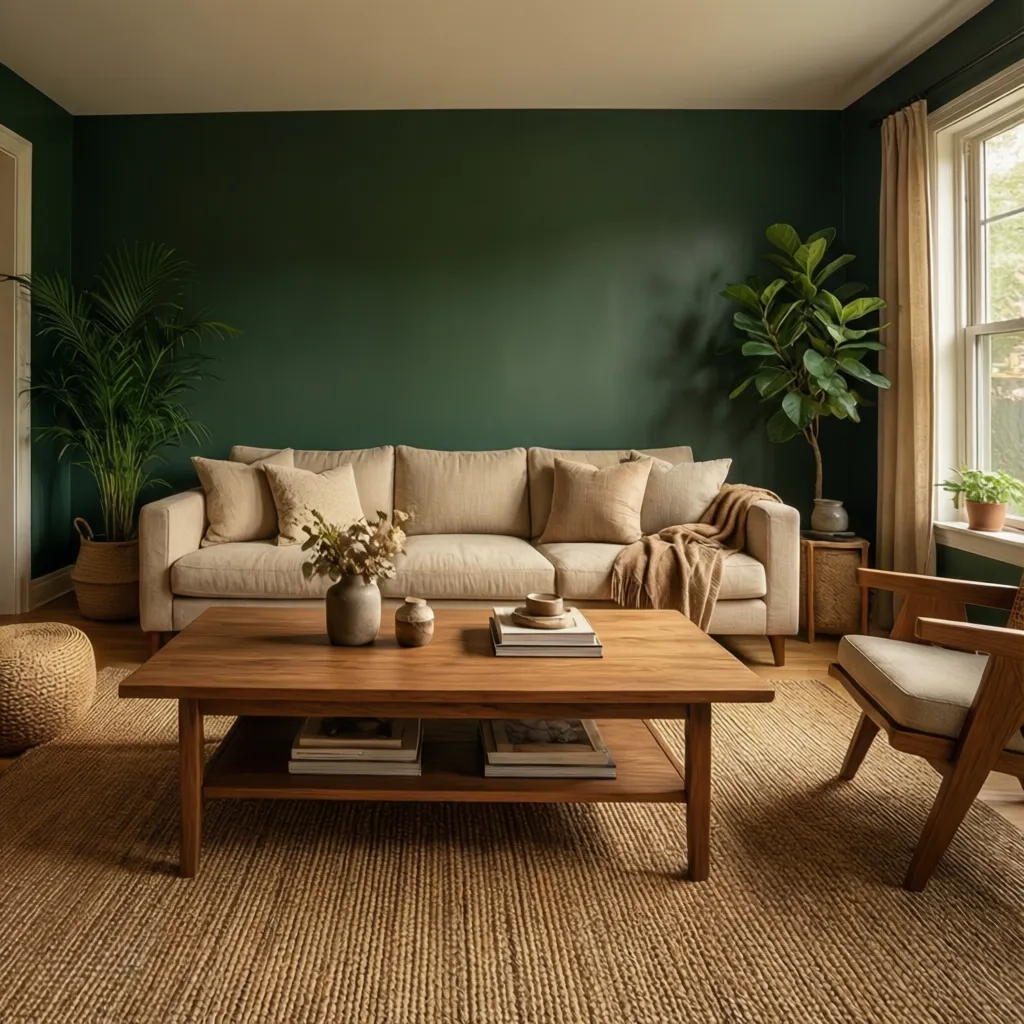 Green wall living room balanced with beige sofa and wood furniture