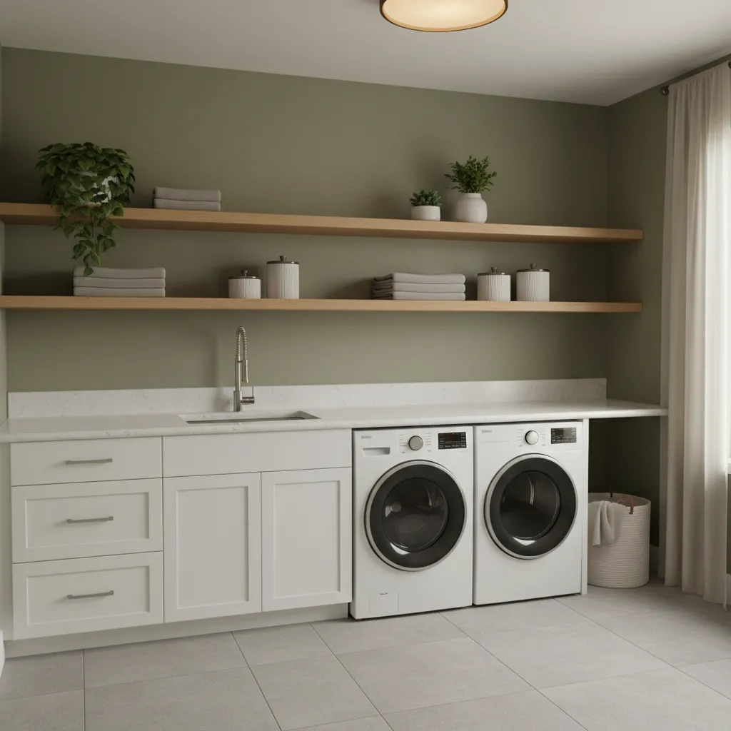 Combining Green Walls With Wood and White Cabinets