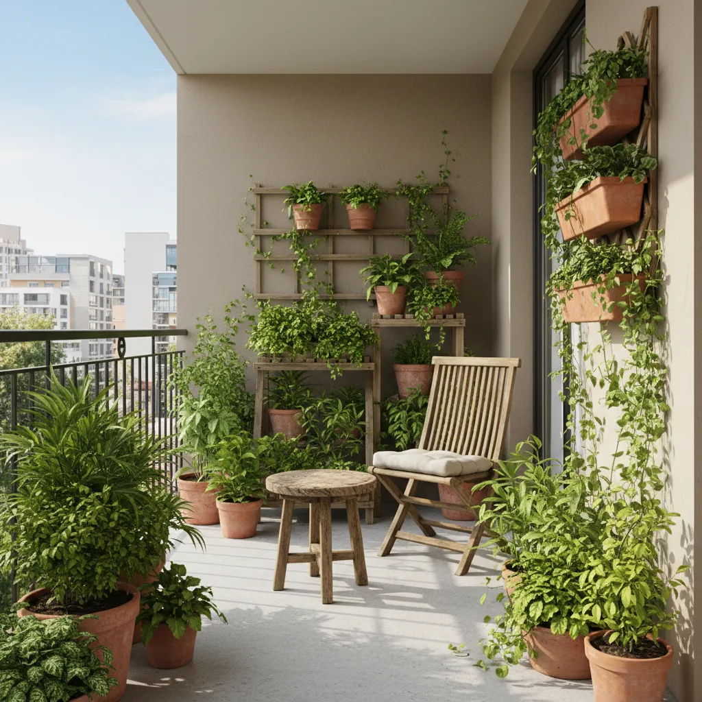 Apartment balcony filled with plants and neutral color palette