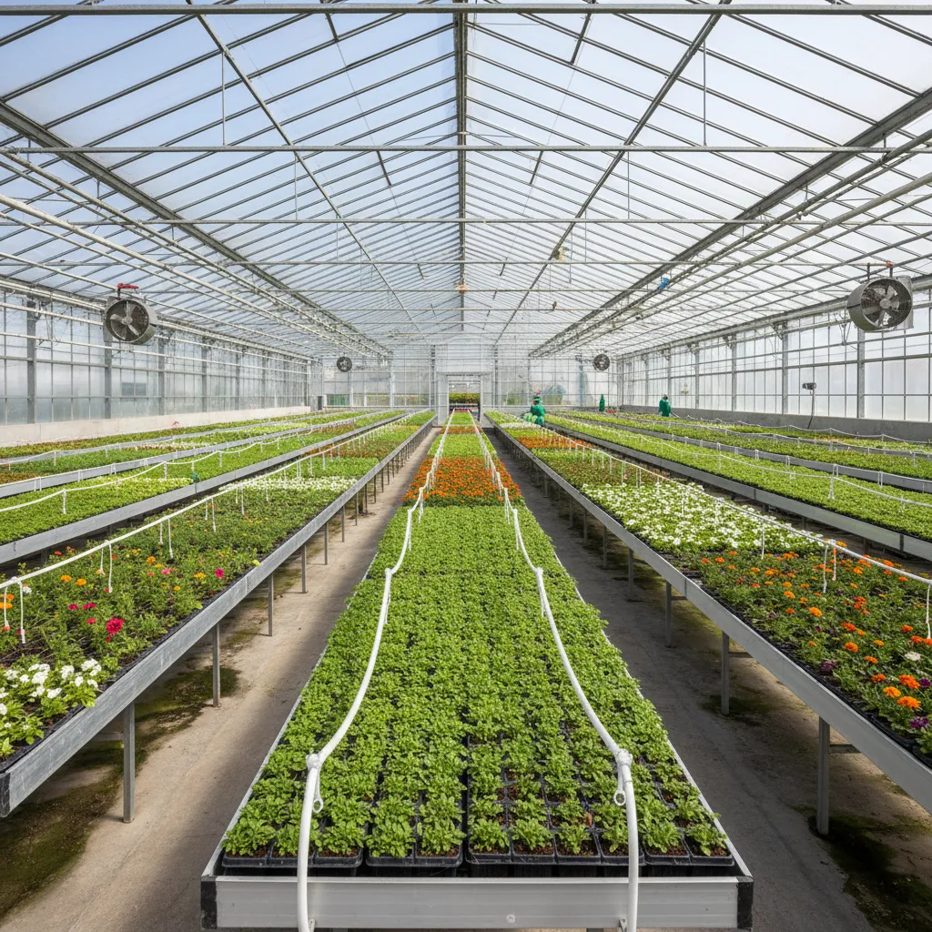 Large commercial greenhouse with rows of plants grown for landscaping