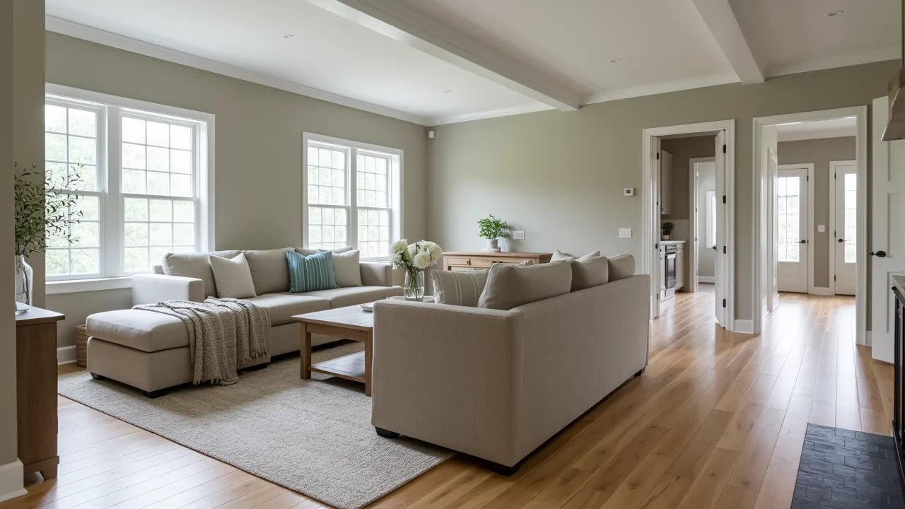 Open farmhouse living area with greige walls and white trim