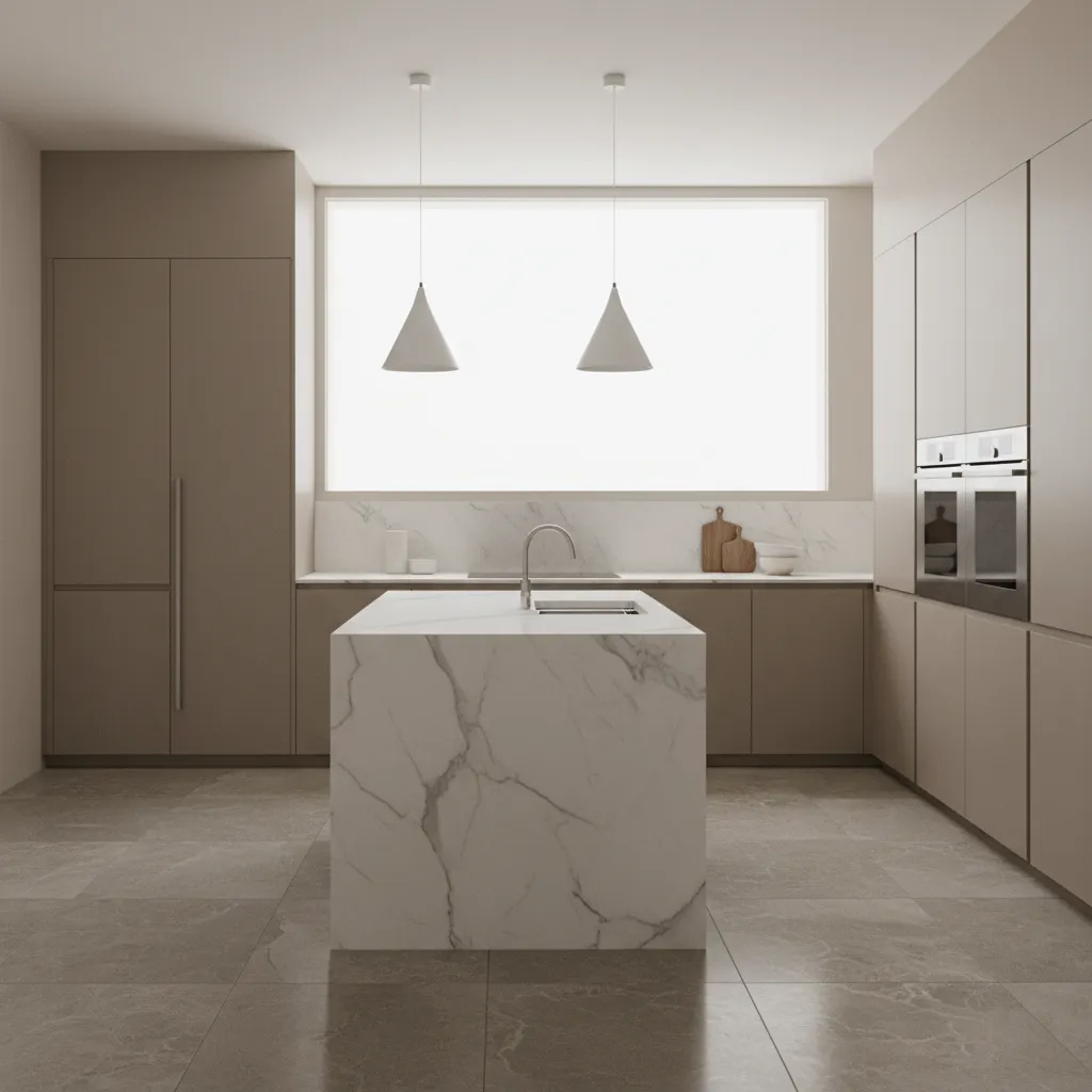 Greige stone tile kitchen flooring with modern cabinets