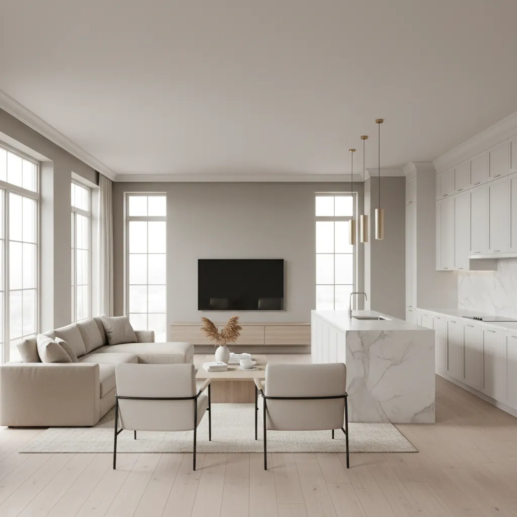 Greige painted walls connecting kitchen and living room with modern furniture