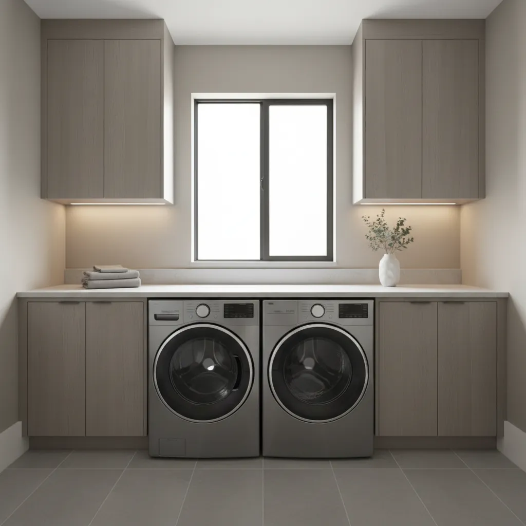 Modern greige laundry room with stainless steel washer and dryer