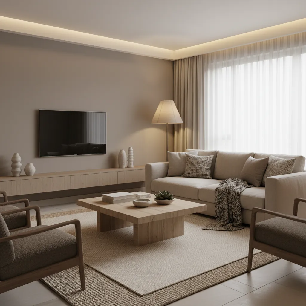 Greige painted living room walls with neutral furniture