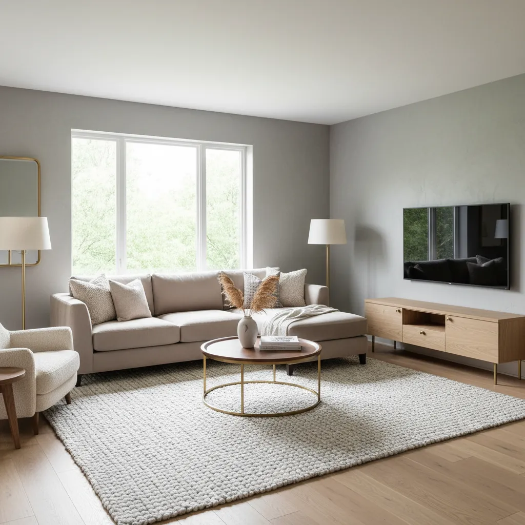 Modern living room featuring greige wall colour and neutral decor