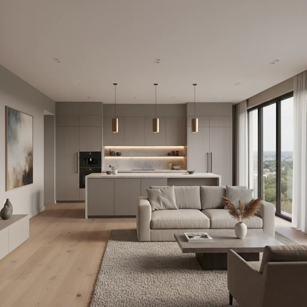 Greige painted open kitchen and living room interior