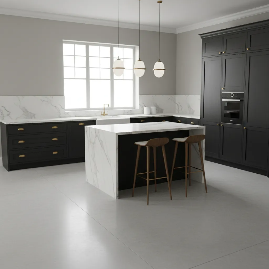 Black and white kitchen with greige walls balancing dark cabinets