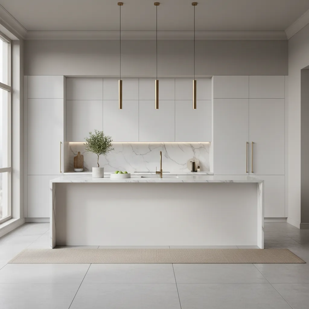 Greige kitchen wall paint with white cabinets and marble countertop
