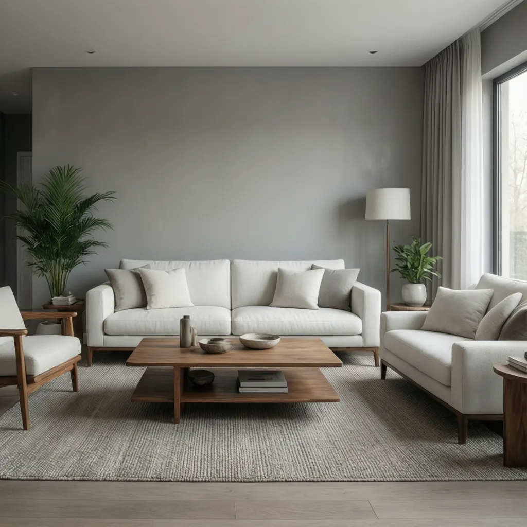 living room with greige walls and white furniture interior design