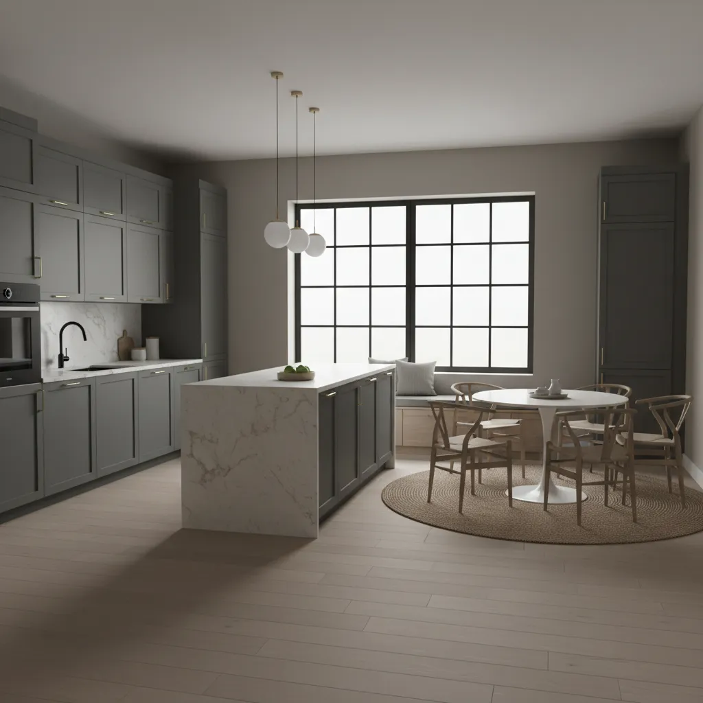 modern kitchen with greige walls and dark cabinets