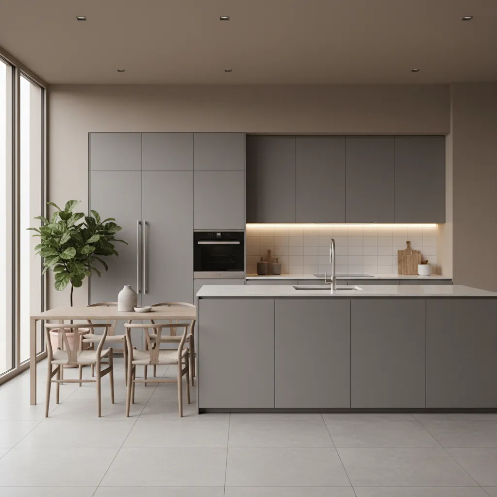 Greige wall color paired with gray cabinets in a modern kitchen