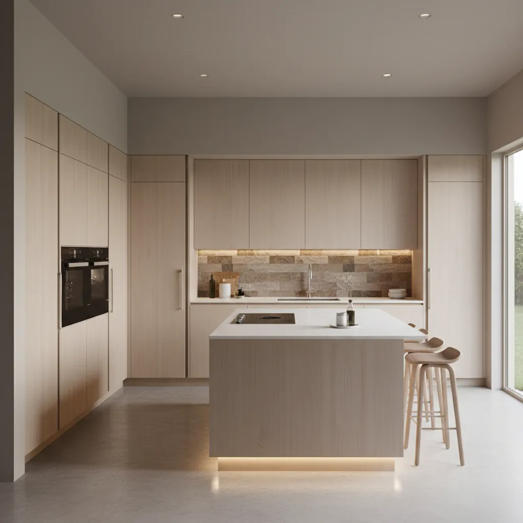 modern kitchen with greige walls and light wood cabinets