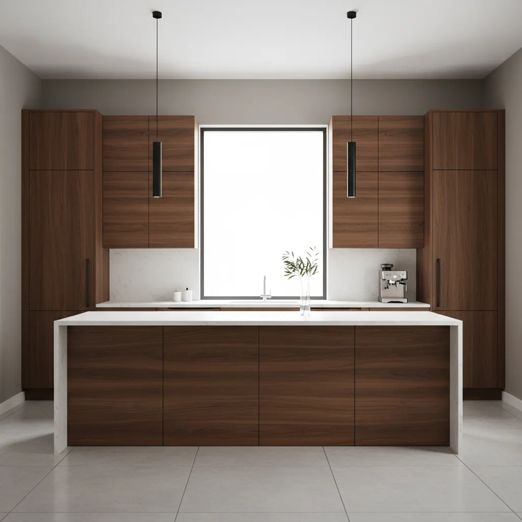 Greige wall paint with walnut brown cabinets in modern kitchen