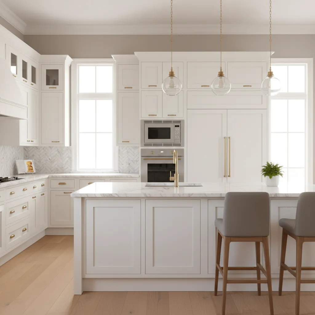 Kitchen with white cabinets and soft greige walls showing subtle contrast