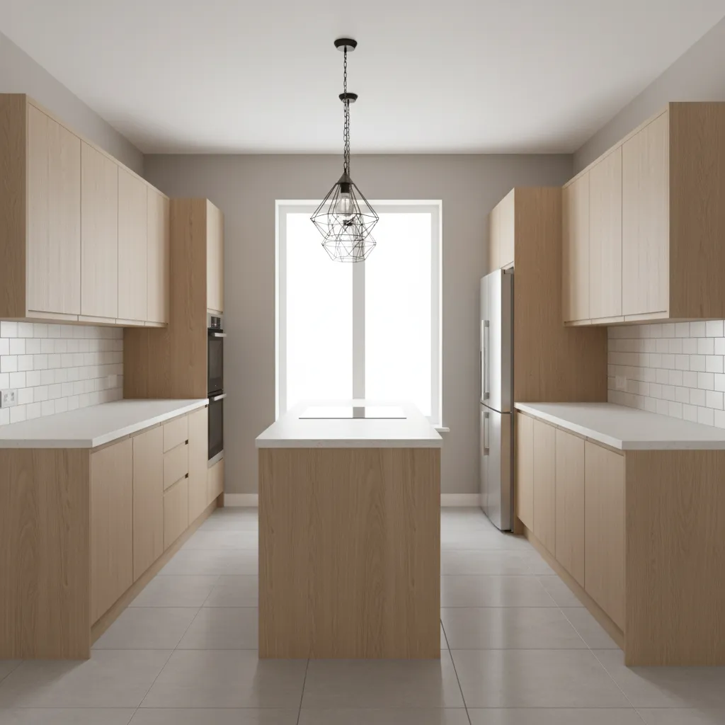Modern kitchen island between light wood cabinets grey walls white tile backsplash and ceiling light
