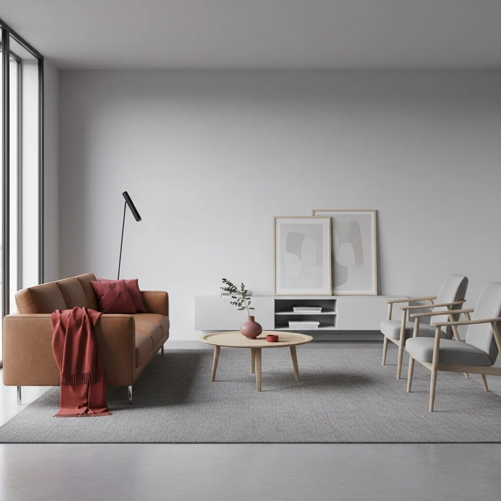 Living room with grey walls acting as neutral base with brown and red accents