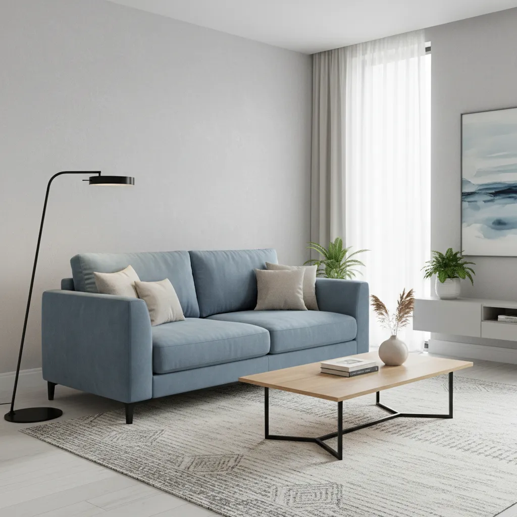 modern grey living room with soft blue sofa accents