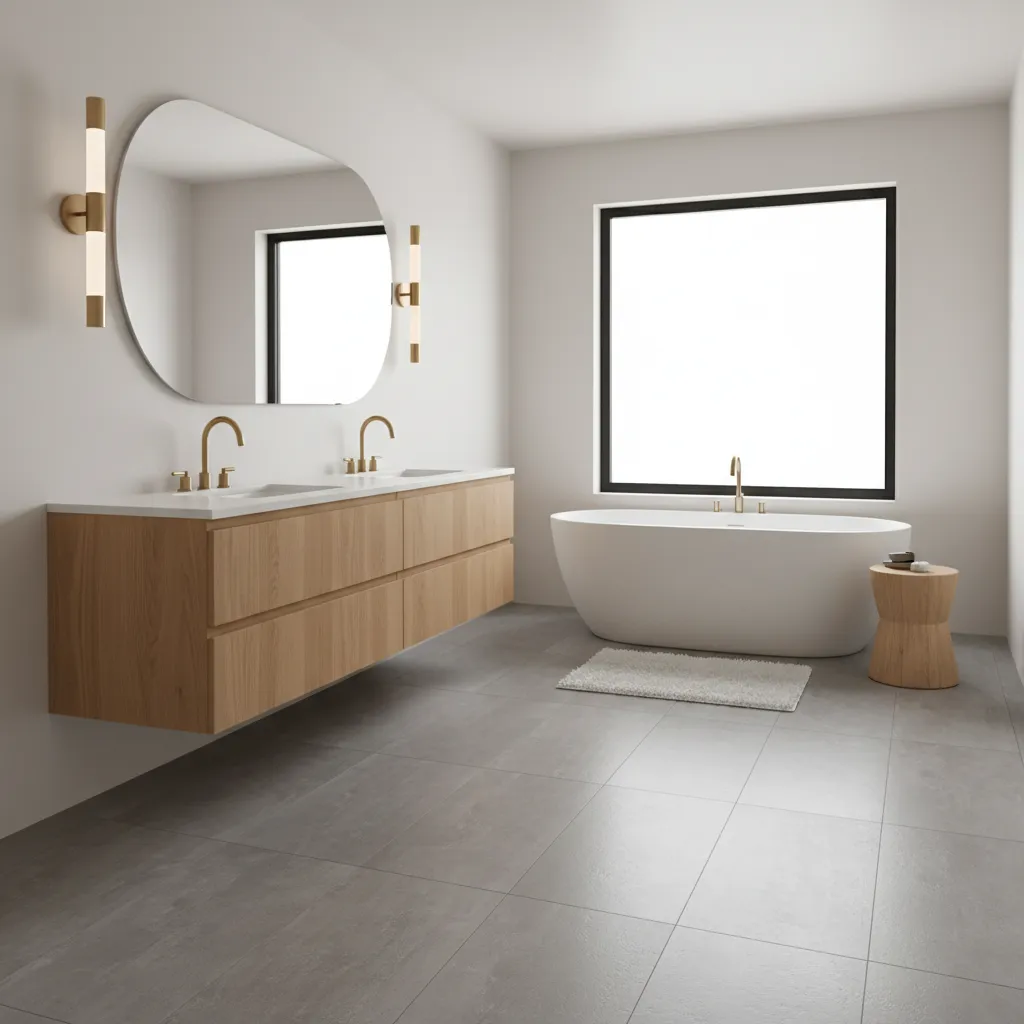 modern bathroom with grey tile floor and tan wood vanity