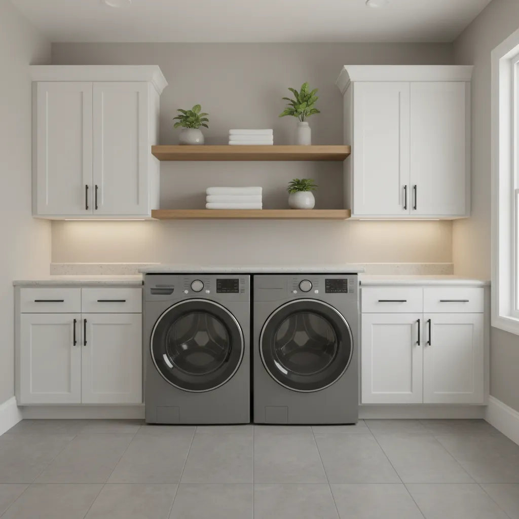 Contemporary laundry room design featuring grey washer and dryer