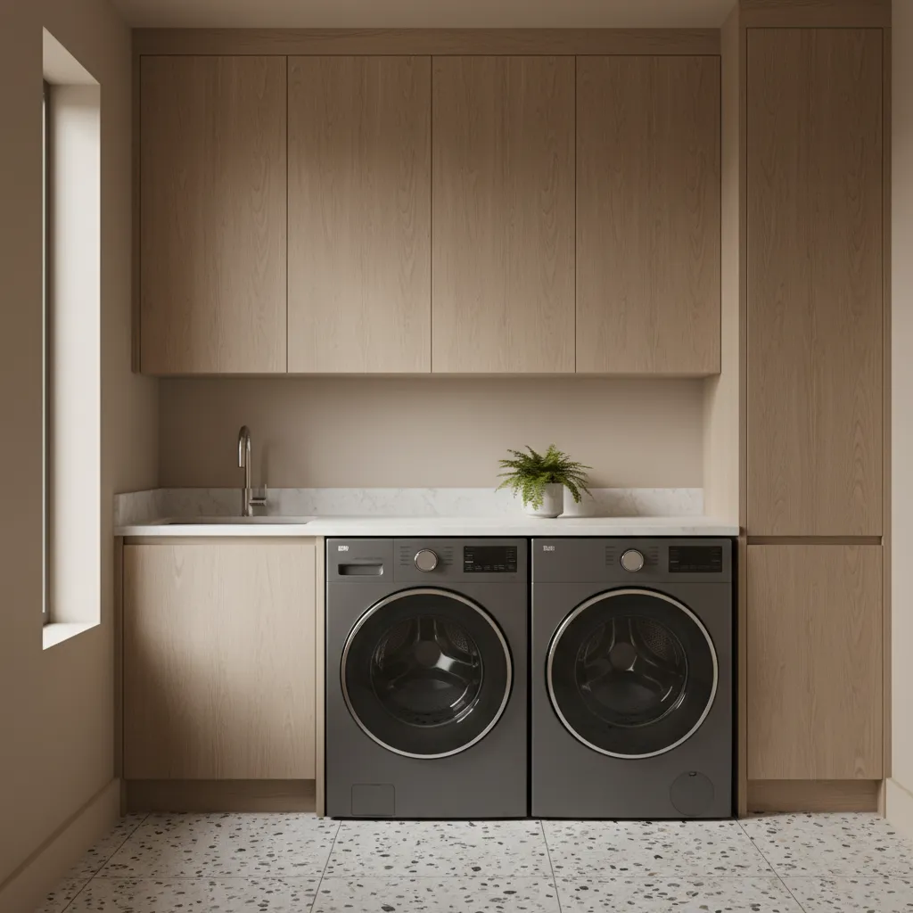 Grey washer dryer paired with oak cabinets and terrazzo flooring