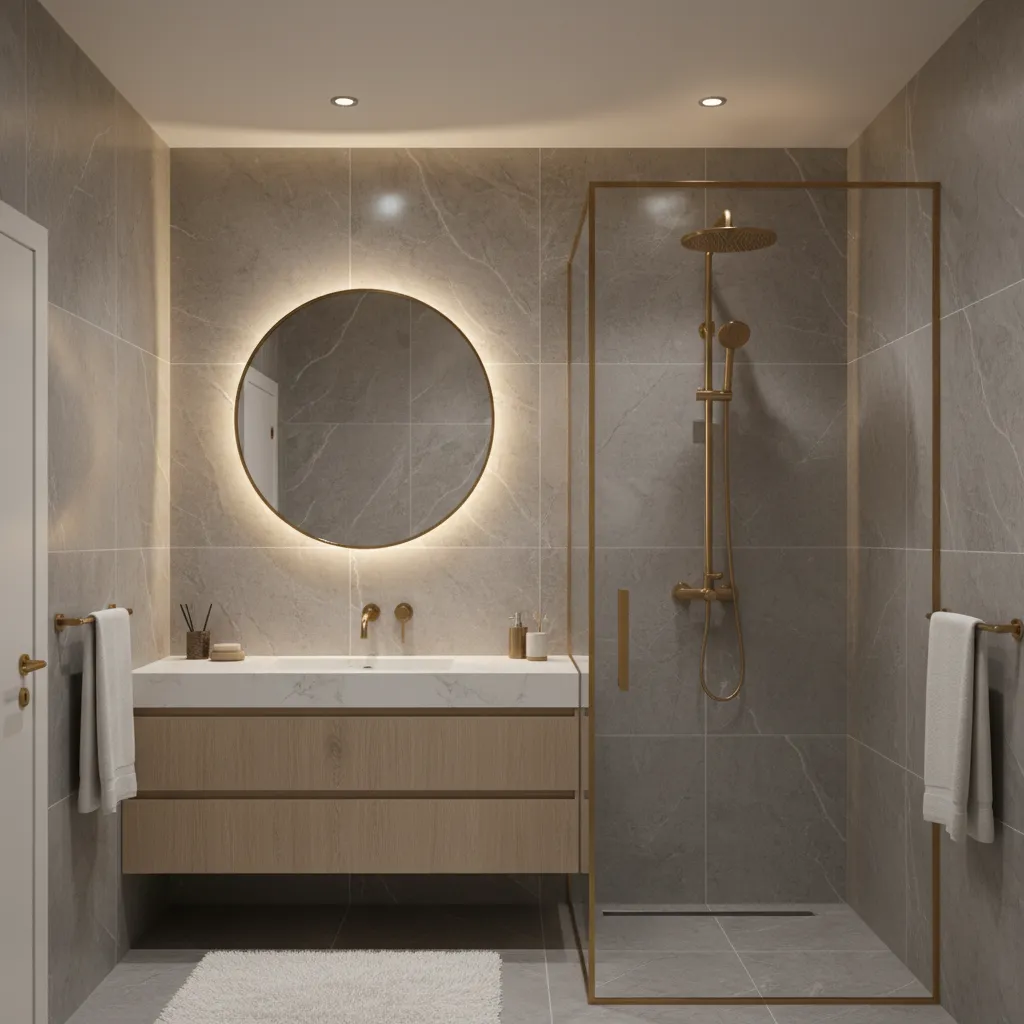 Grey tile bathroom with brushed brass faucet and shower fixtures