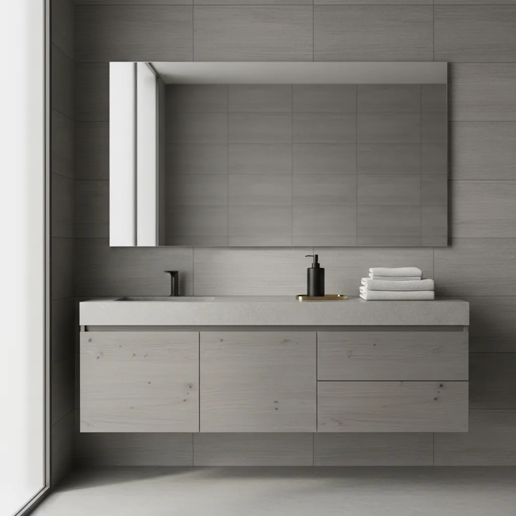 Grey bathroom vanity with black and brass accessories creating contrast against grey tiles