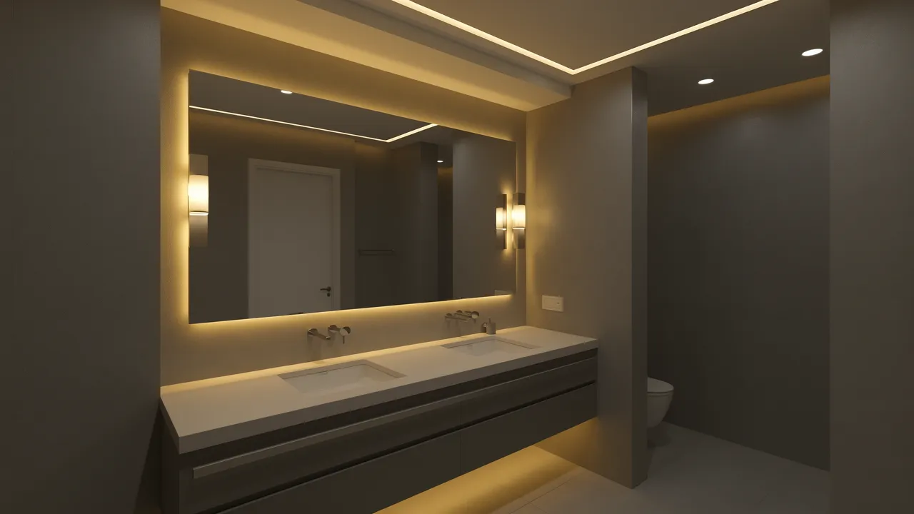 Grey bathroom demonstrating layered lighting with vanity lights and LED accents