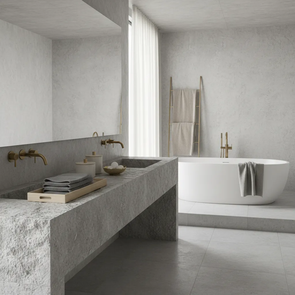 Grey bathroom featuring wood tray, stone accessories and linen towels for texture contrast