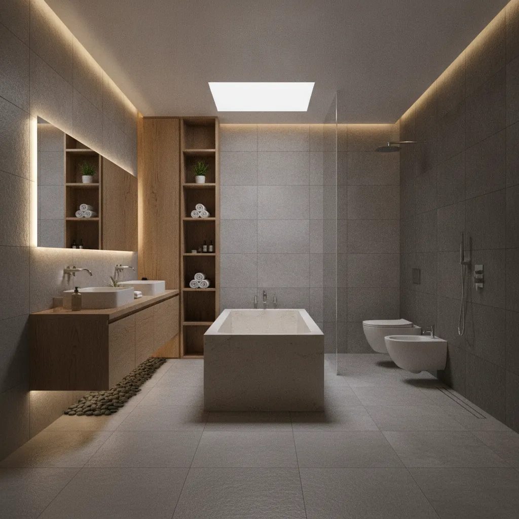 Stylish grey bathroom with natural textures and warm lighting