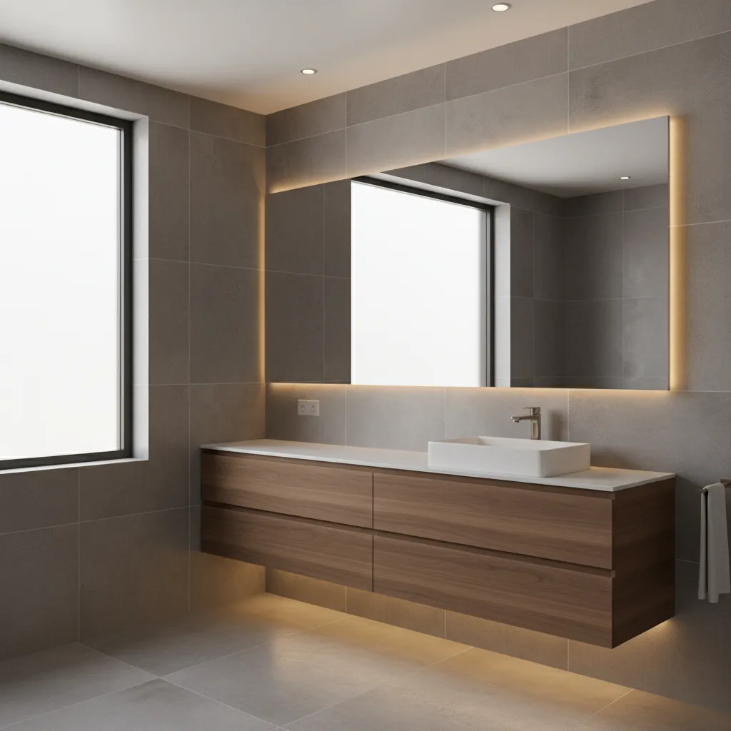 Grey bathroom with floating walnut vanity and modern fixtures