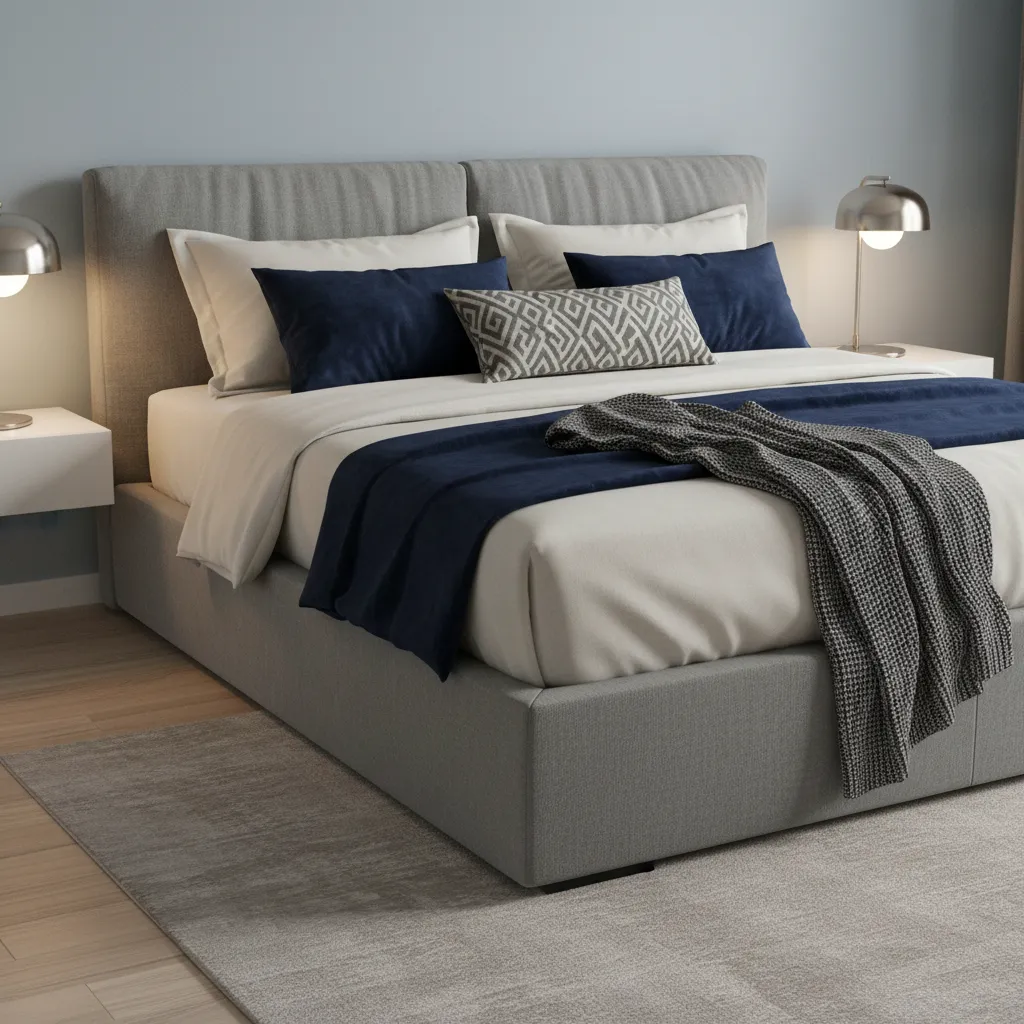 Grey bed frame styled with layered cream, navy, and textured bedding