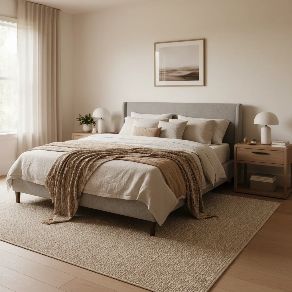 Neutral bedroom with grey upholstered bed frame and layered bedding