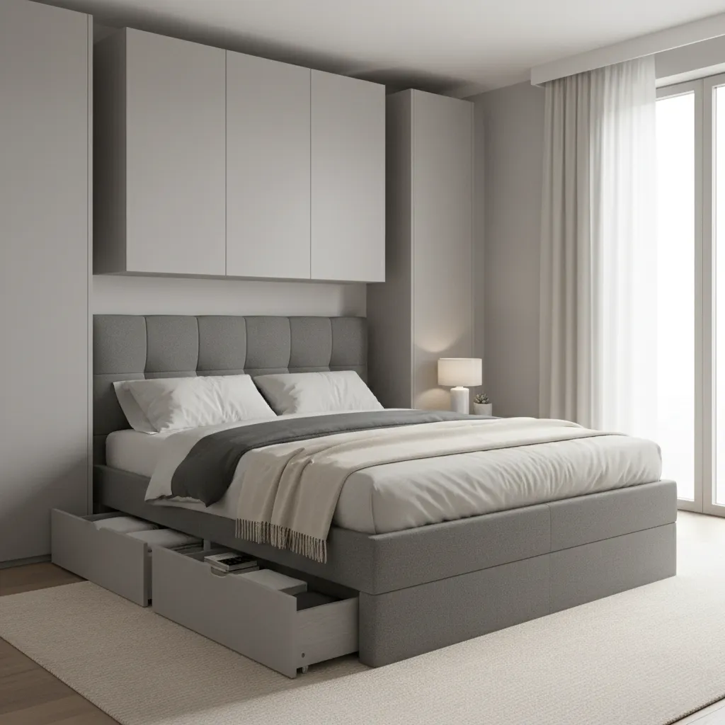 Small bedroom with grey storage bed and built in vertical cabinets