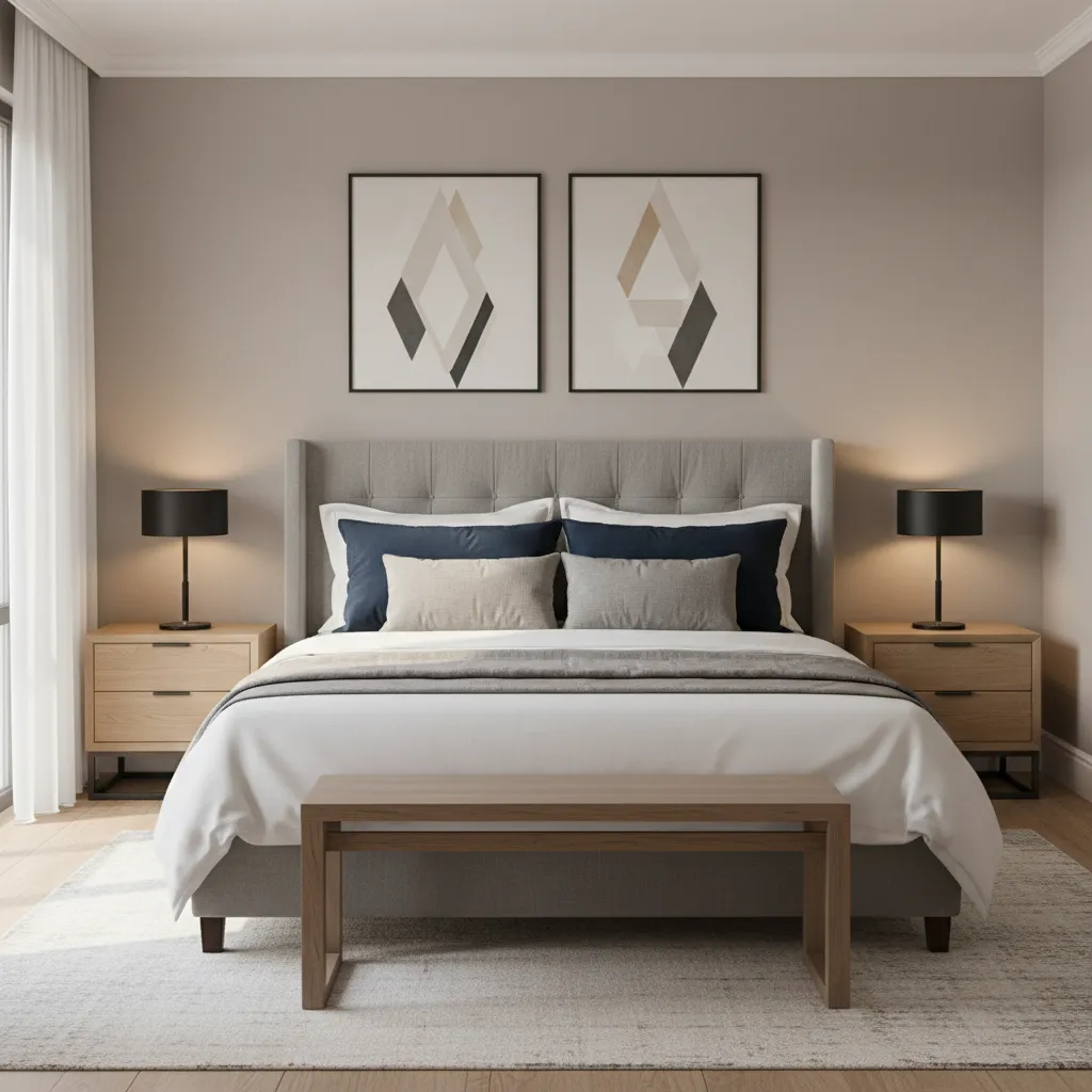 Bedroom with grey bed frame showing contrast with white bedding dark pillows and wood nightstands