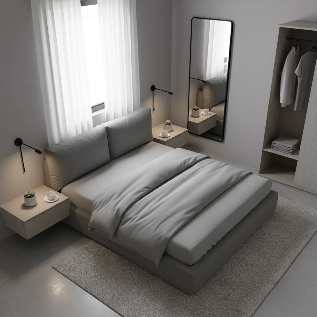 Small bedroom layout with grey furniture and wall mounted lighting