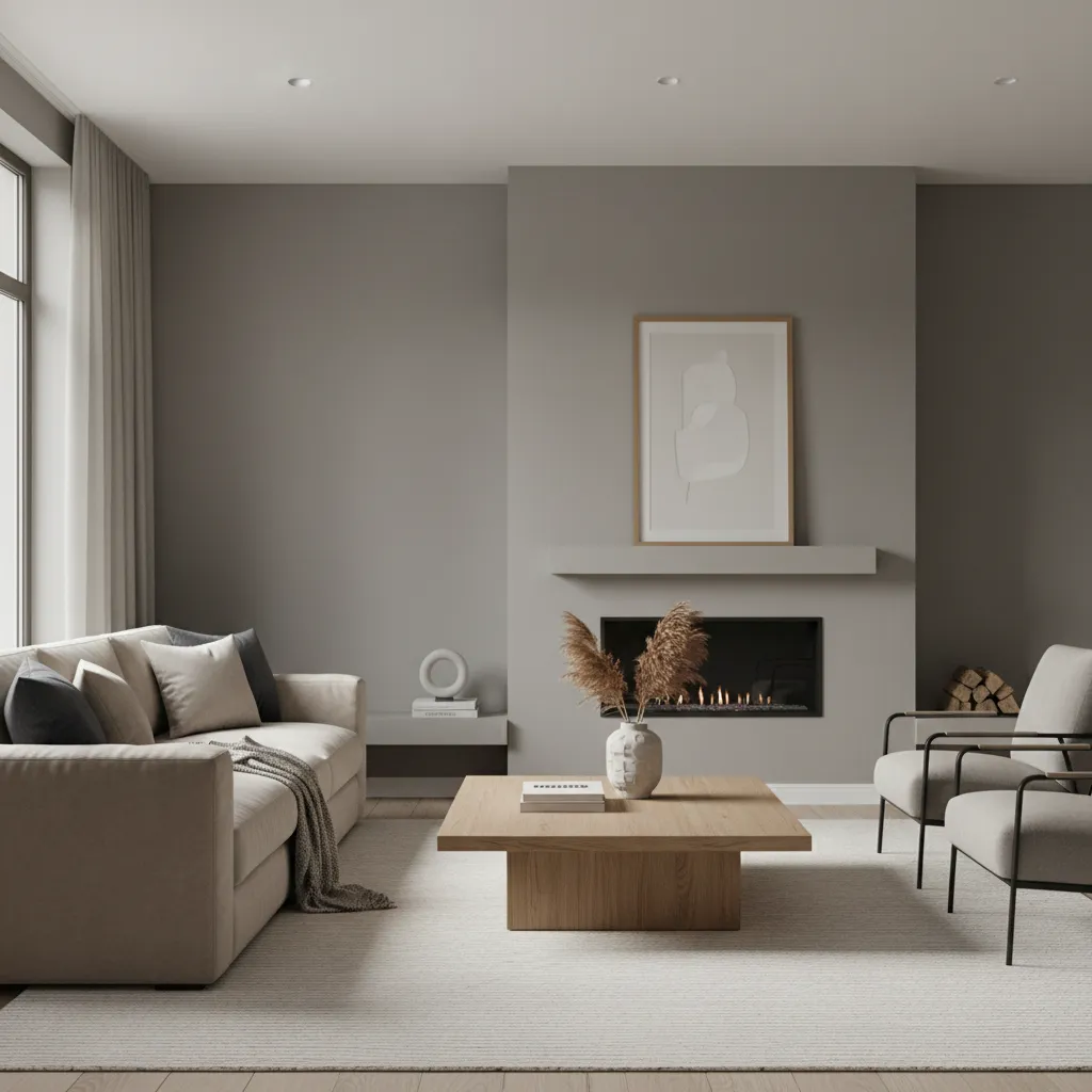 Grey and beige living room colour scheme with wood accents