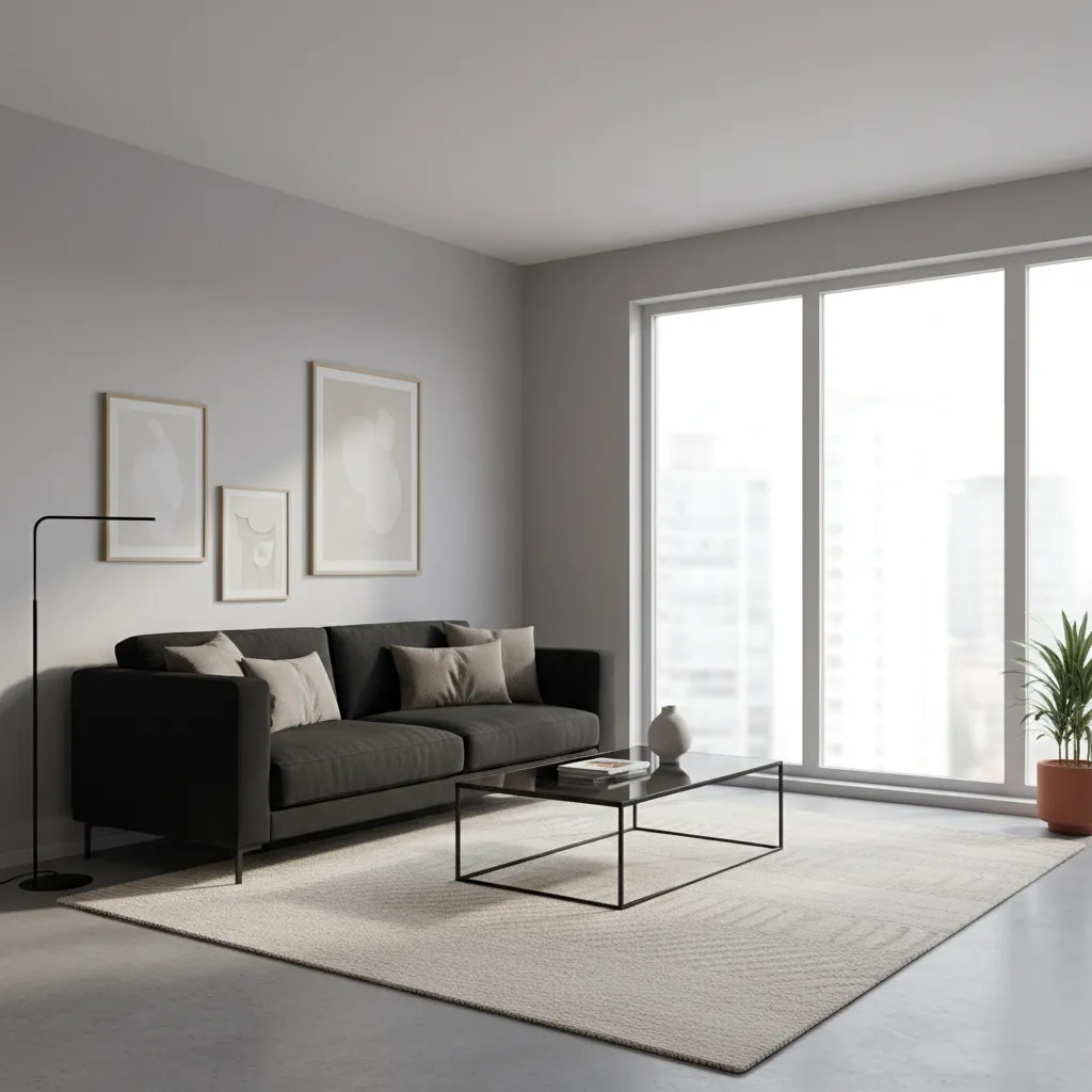 Living room with black sofa glass coffee table beige rug floor lamp and large window
